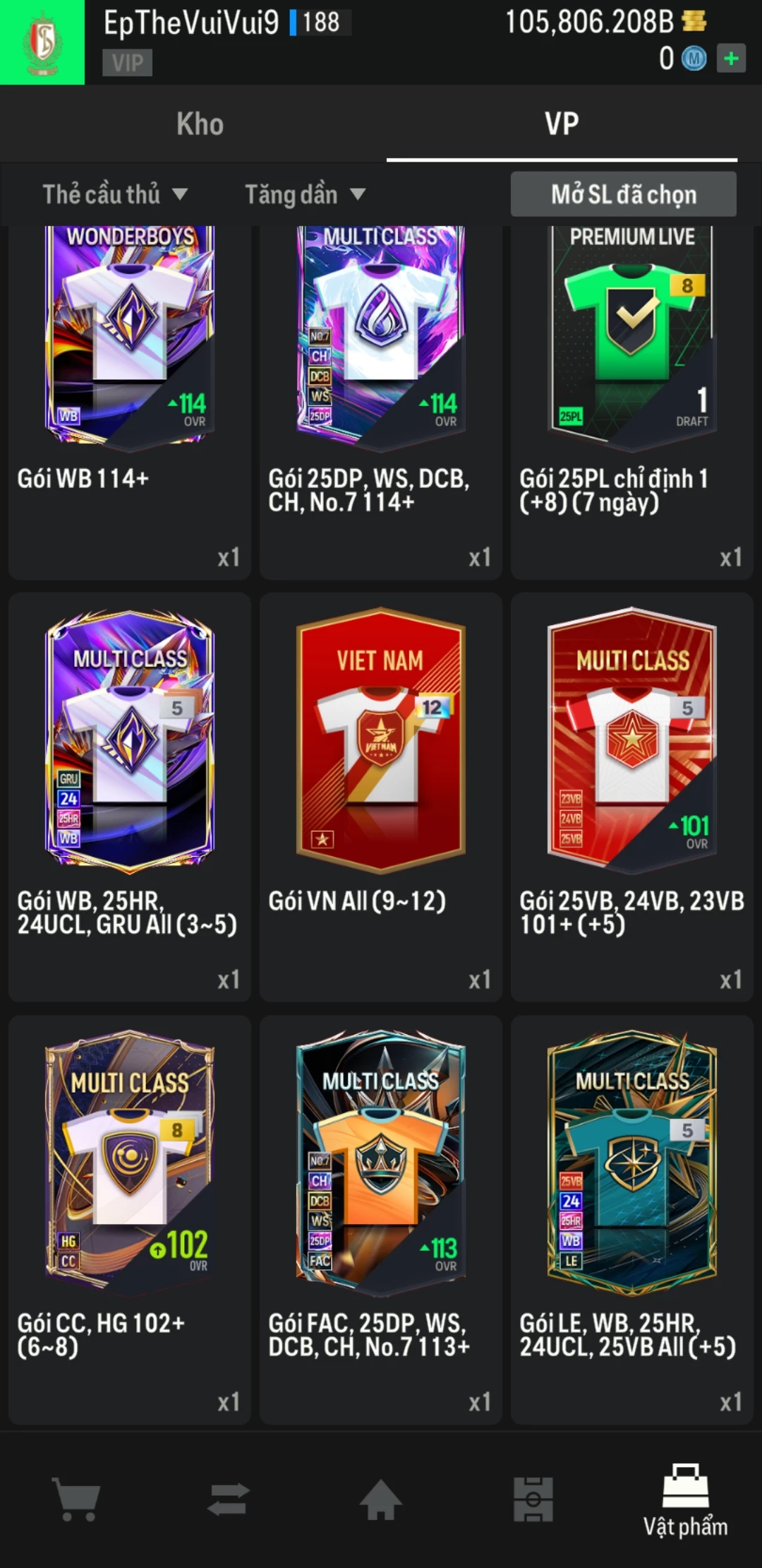 Ảnh ACC mở thẻ (LOẠI SVIP PROMAX) bao gồm có 01 thẻ +12, 03 thẻ PRIME (QH+, CP+, XS+) và hơn 1500+ đến 1600+ thẻ cầu thủ từ Siêu sao đến Miền núi các loại. Acc có sẵn BP trắng từ 90.000 tỷ BP đến 110.000 tỷ BP kèm theo nhiều ngày SVIP